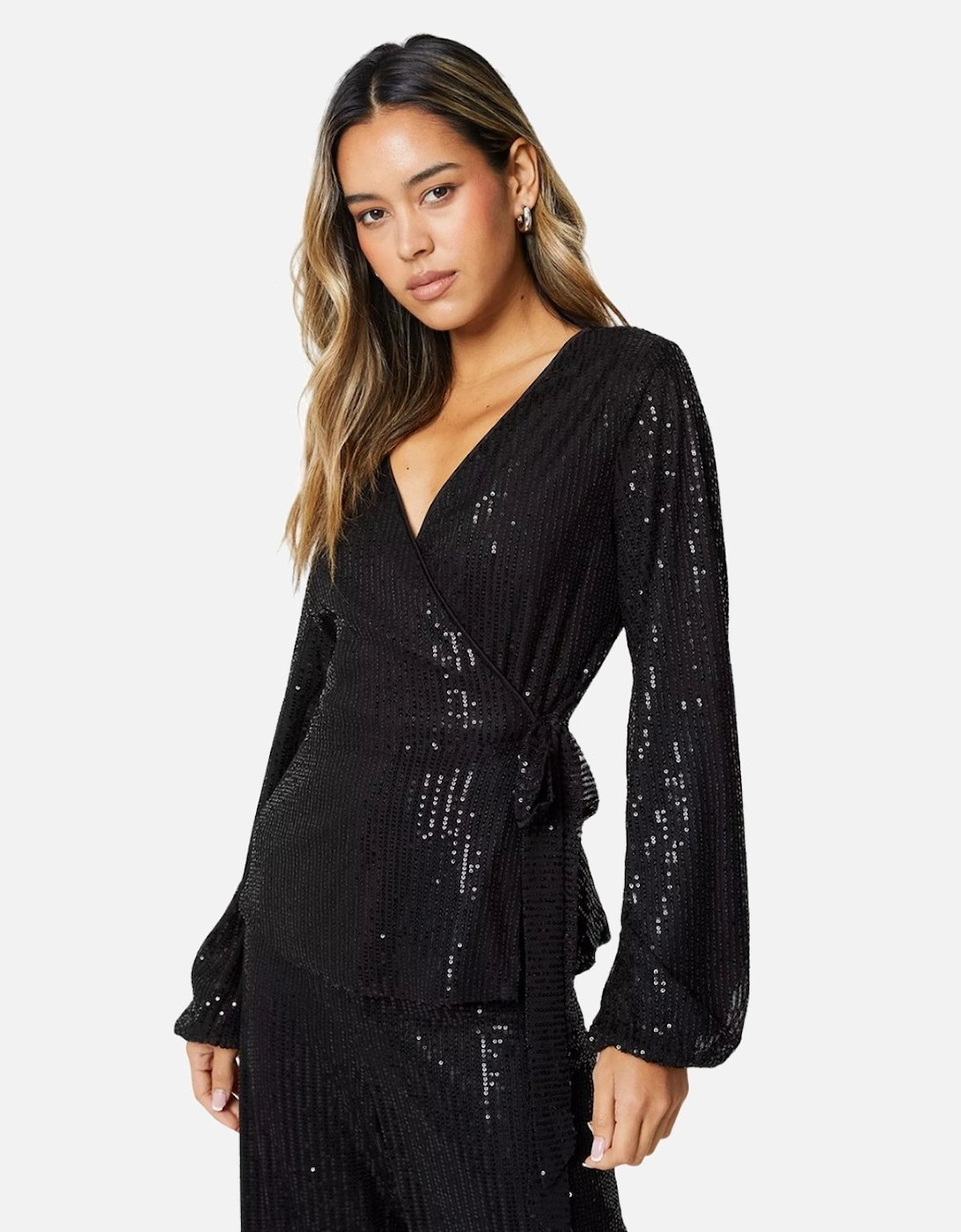 Womens/Ladies Sequin Waist Tie Wrap Top, 5 of 4