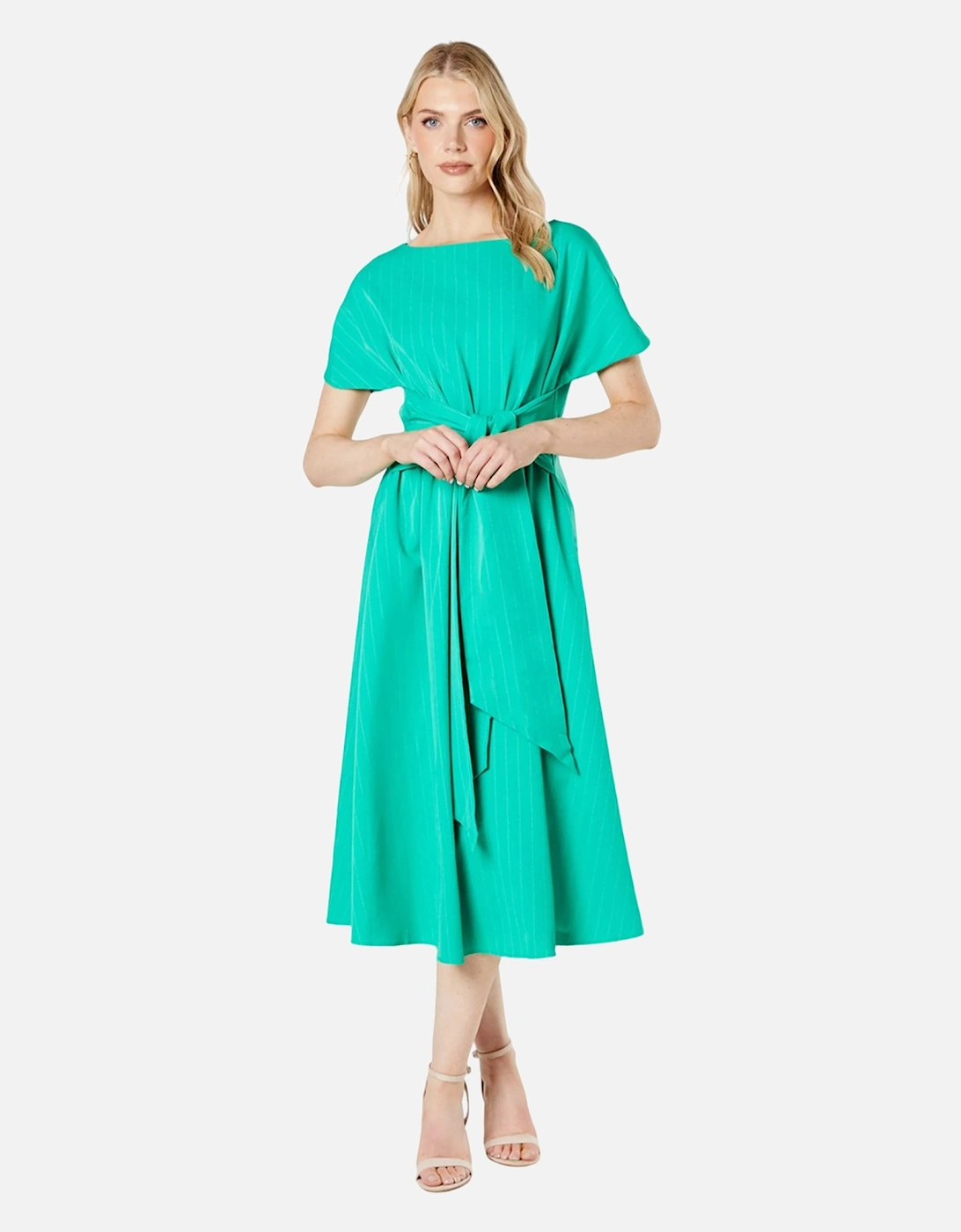 Womens/Ladies Pinstripe Belt Midi Dress, 4 of 3