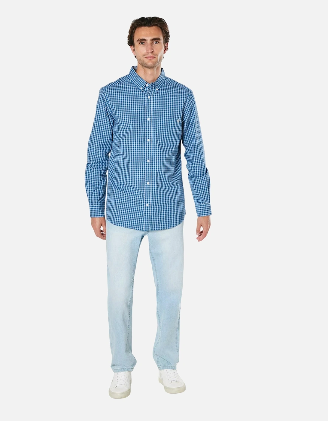 Mens Windowpane Checked Relaxed Fit Long-Sleeved Shirt