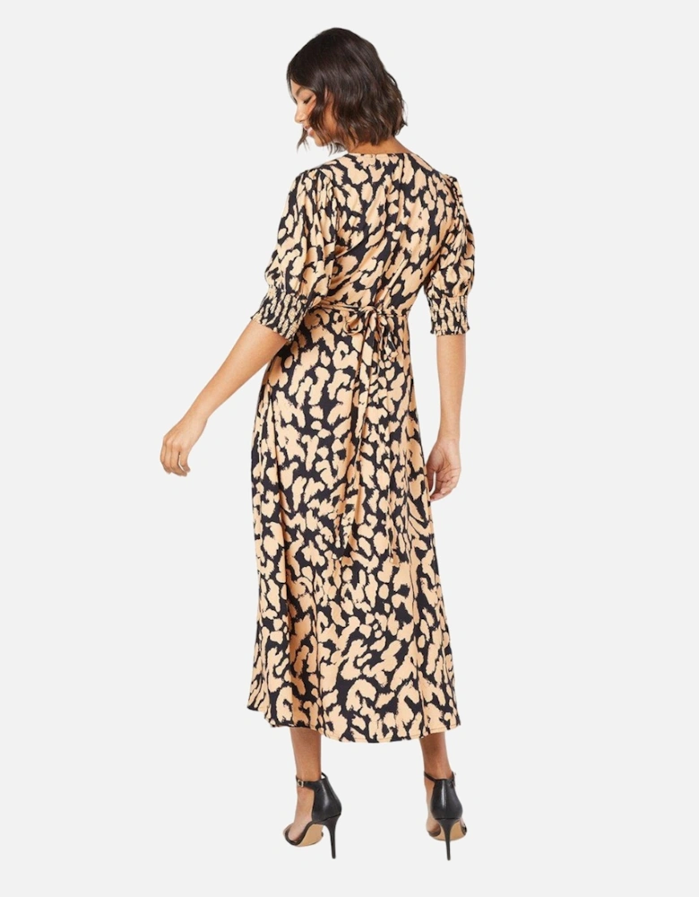 Womens/Ladies Animal Print Shirred Cuff Midi Dress