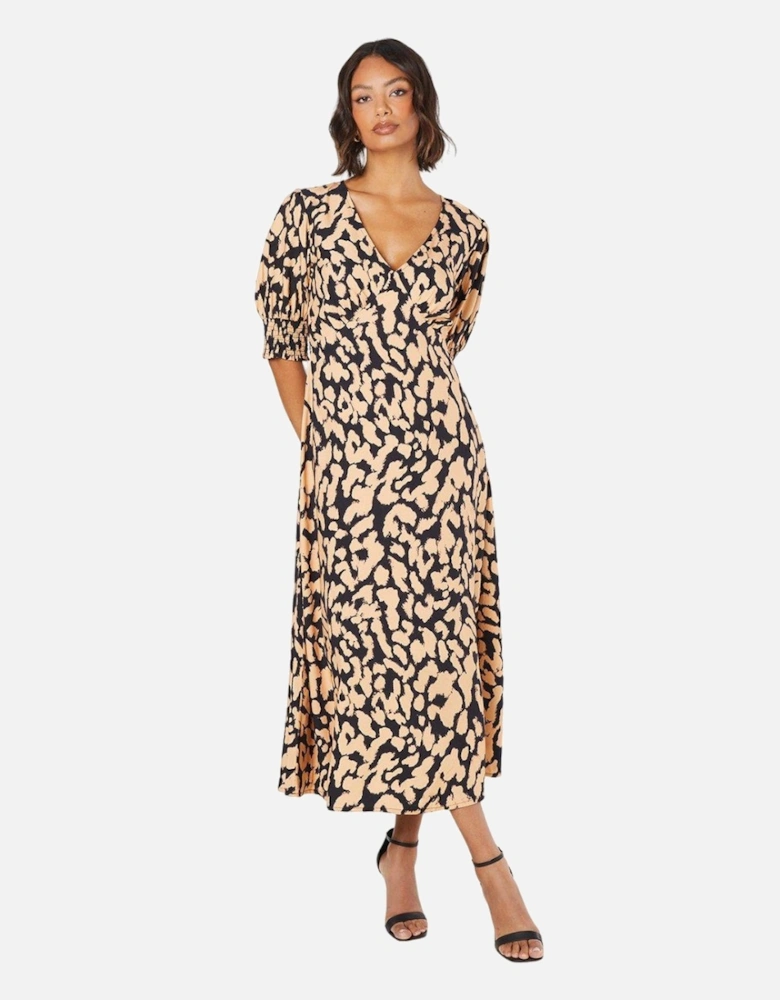 Womens/Ladies Animal Print Shirred Cuff Midi Dress