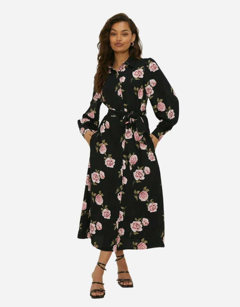 Womens/Ladies Floral Waist Tie Petite Midi Shirt Dress