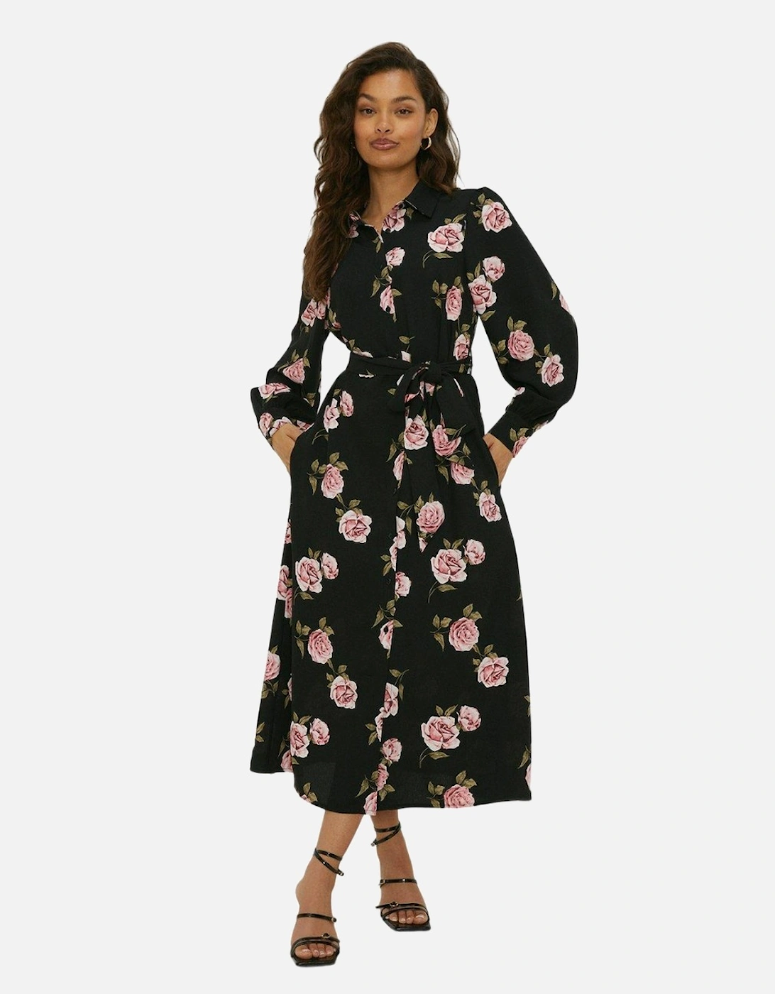 Womens/Ladies Floral Waist Tie Petite Midi Shirt Dress, 4 of 3