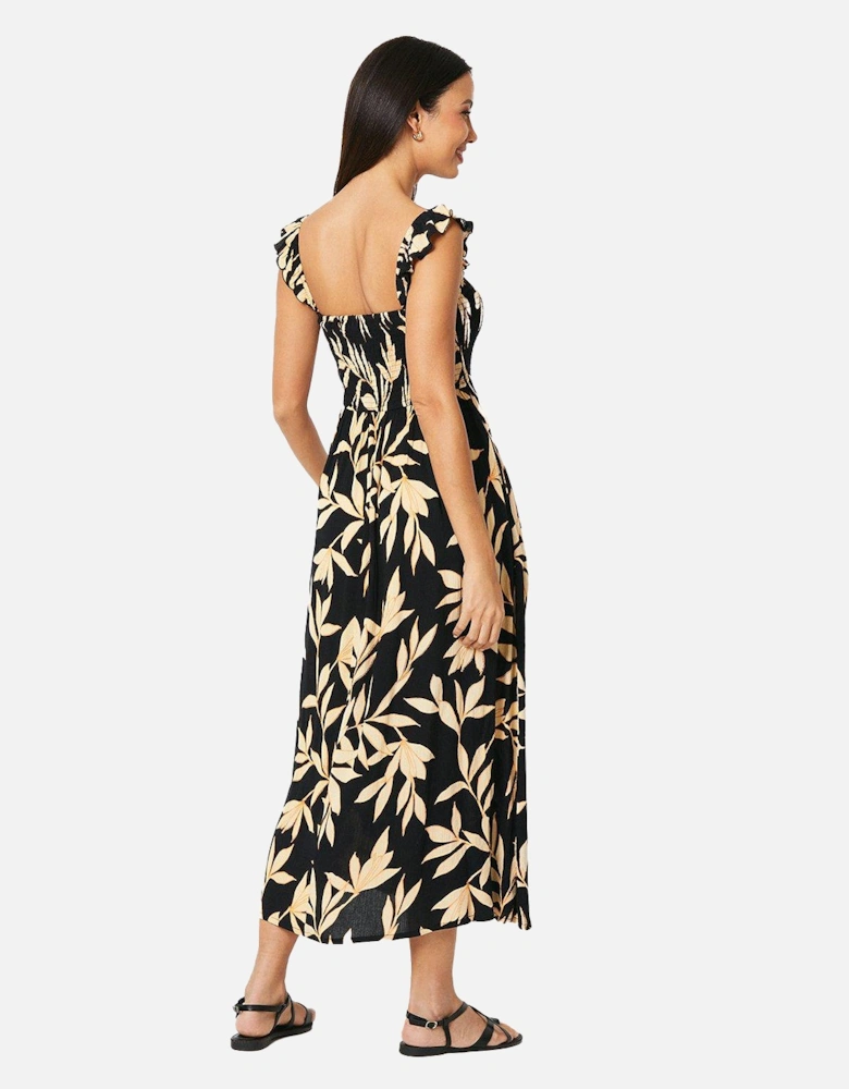 Womens/Ladies Leaf Print Shirred Midi Dress