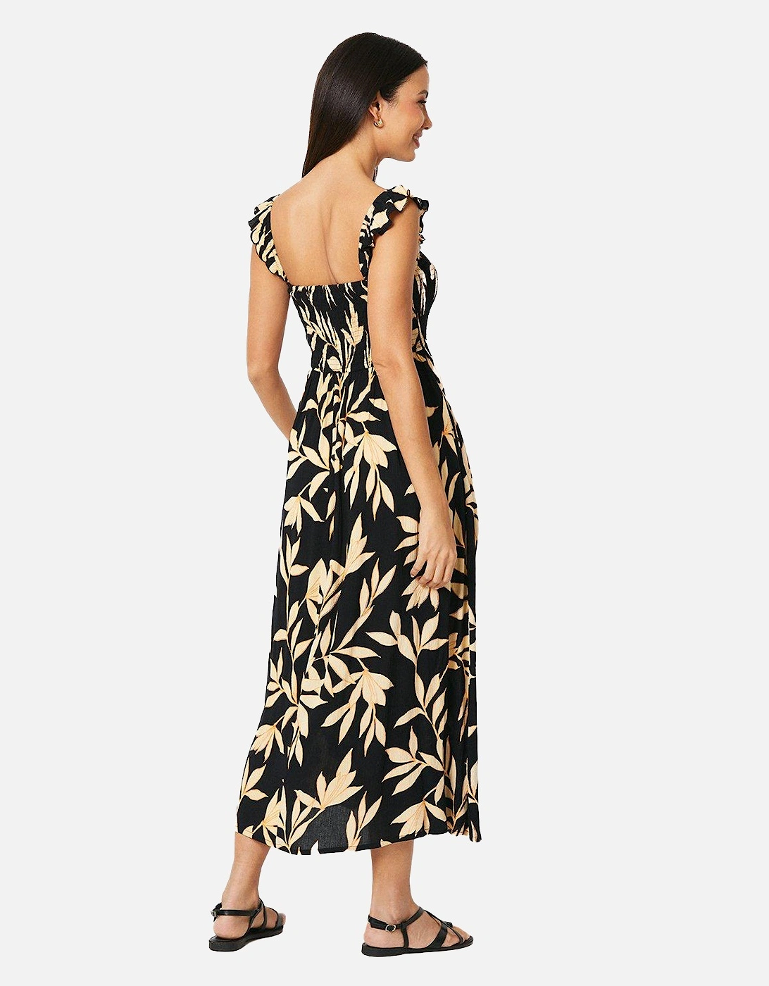 Womens/Ladies Leaf Print Shirred Midi Dress