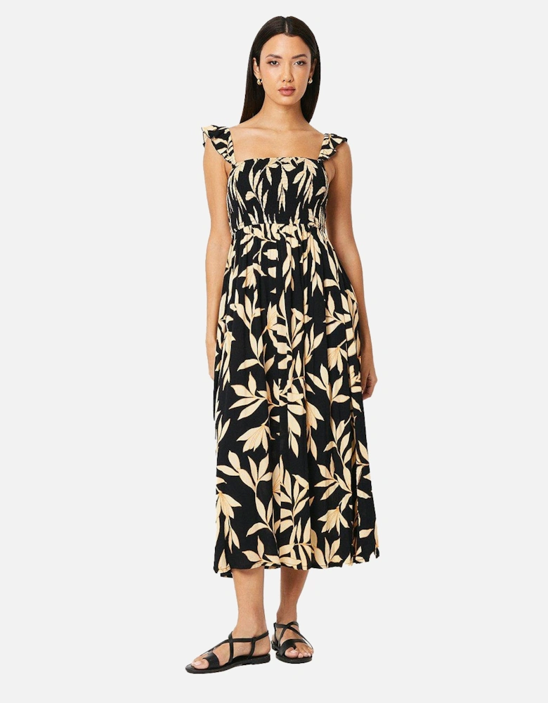 Womens/Ladies Leaf Print Shirred Midi Dress