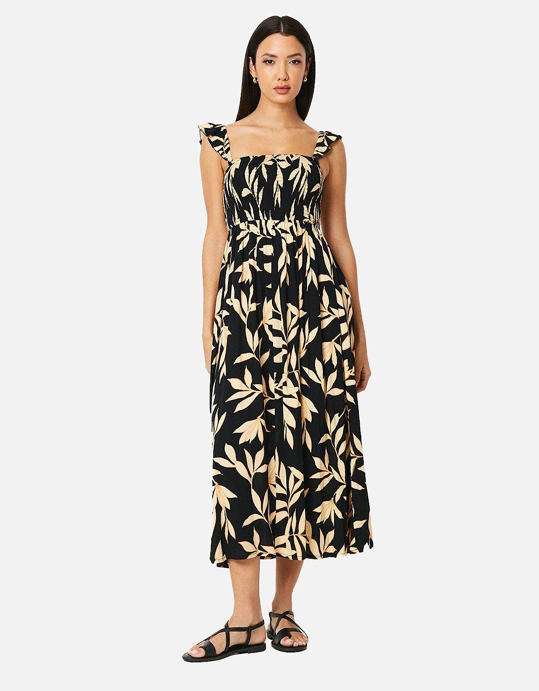 Womens/Ladies Leaf Print Shirred Midi Dress, 5 of 4