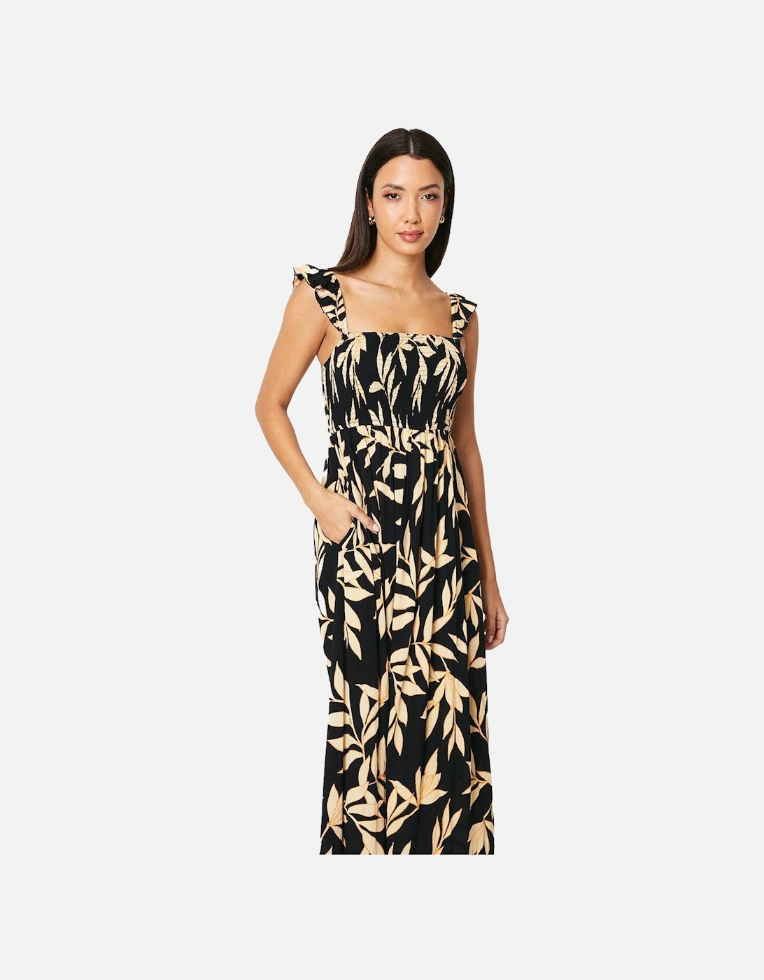 Womens/Ladies Leaf Print Shirred Midi Dress