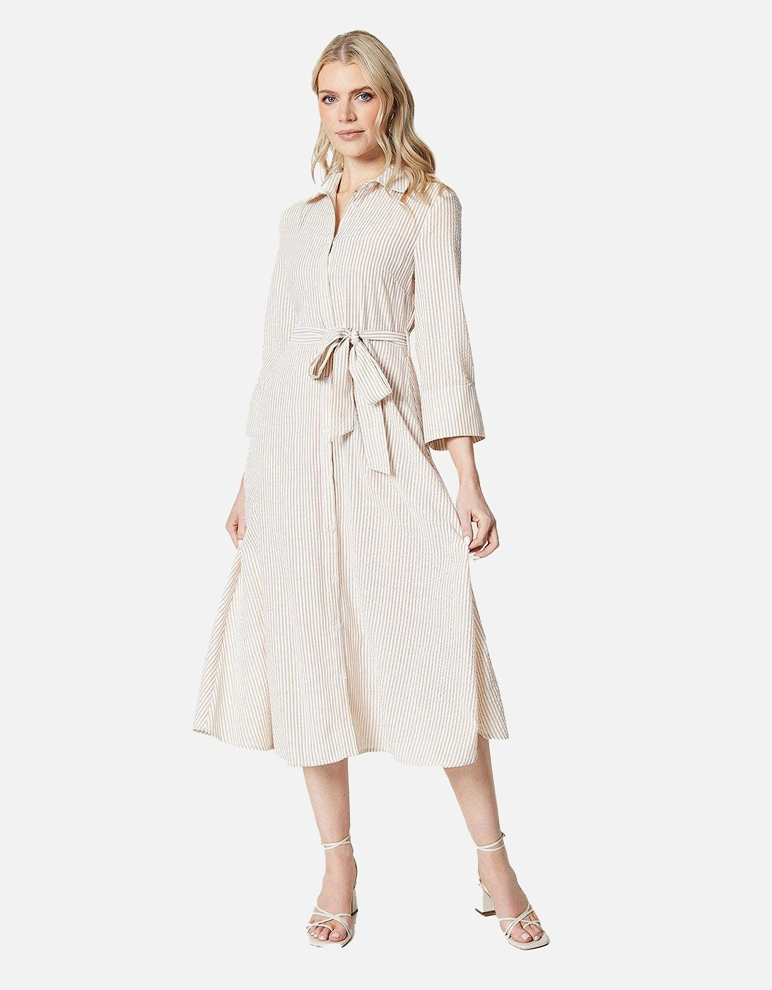 Womens/Ladies Stripe Belt Midi Shirt Dress