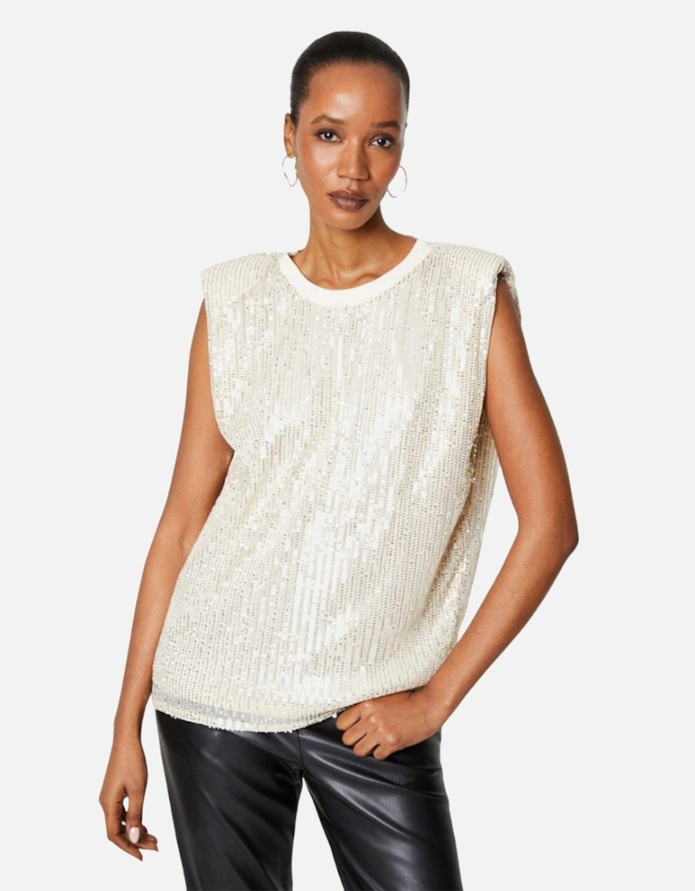 Womens/Ladies Sequin Padded Shoulder Top