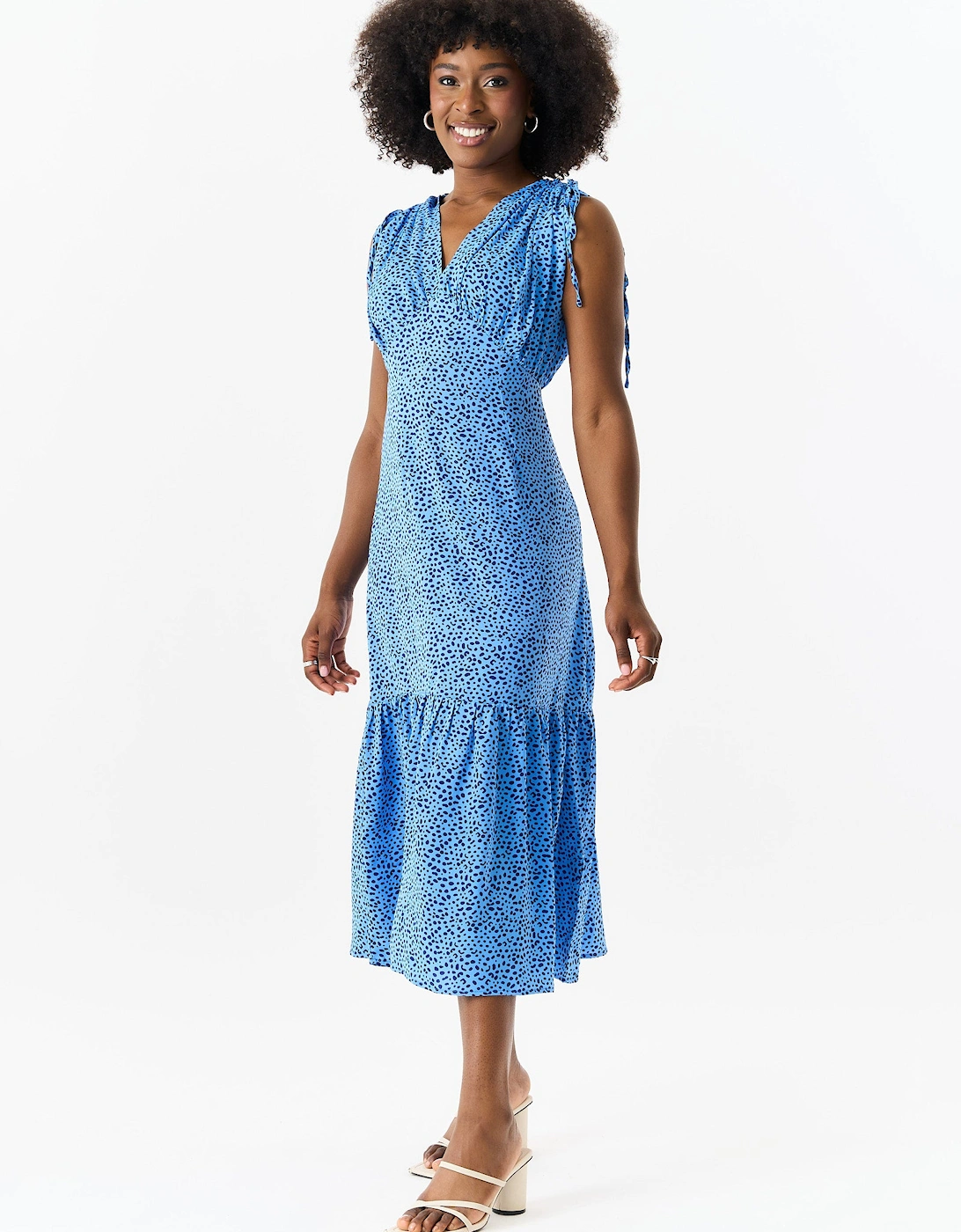 Blue Animal Print Ruched Sleeves Midi Dress