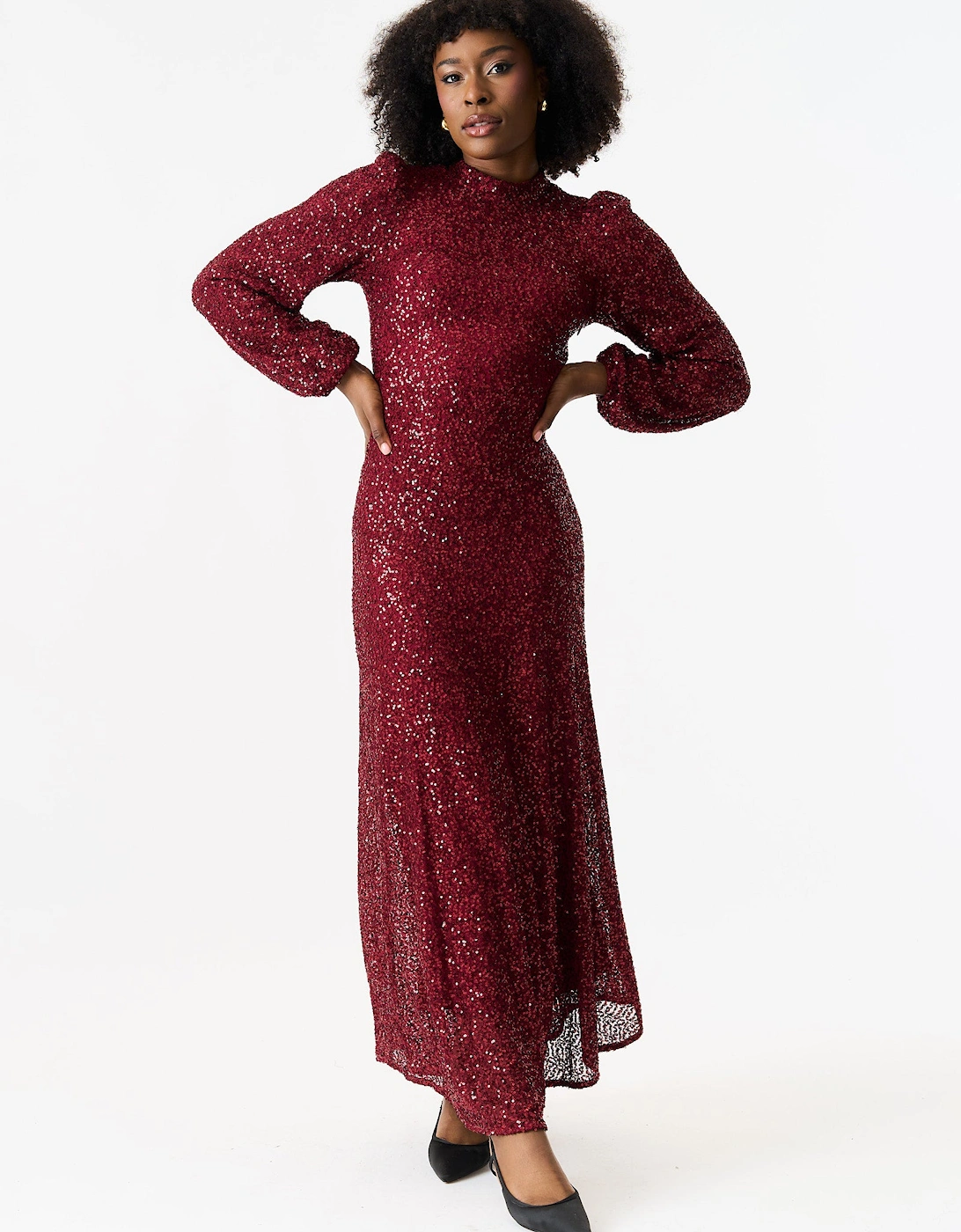 Burgundy Sequin High Neck Occasion Midi Dress, 5 of 4