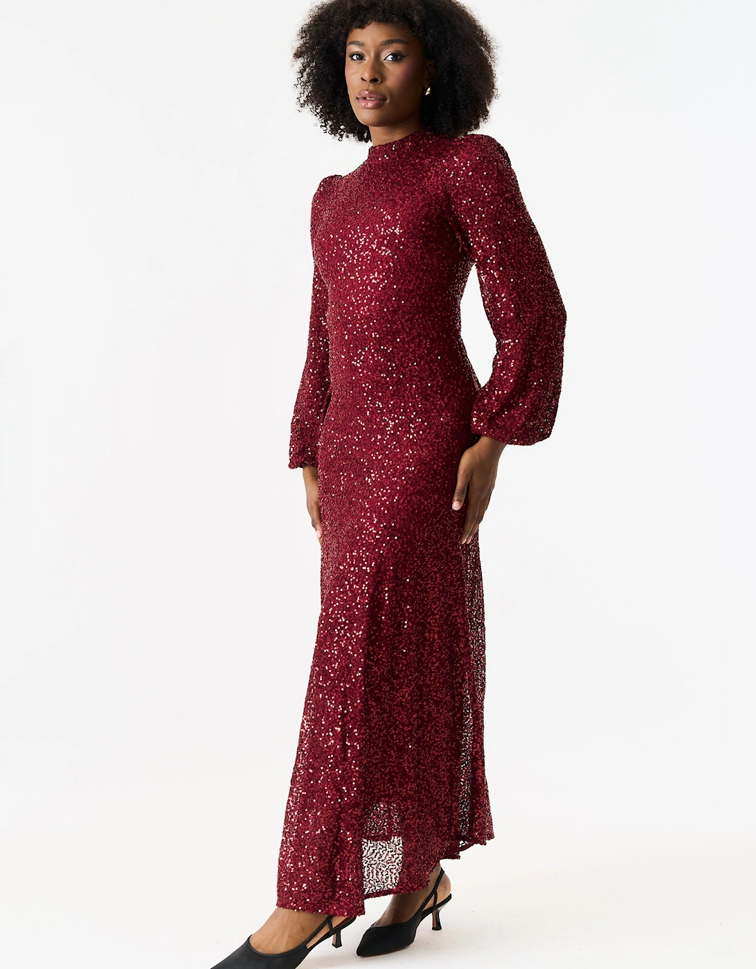 Burgundy Sequin High Neck Occasion Midi Dress