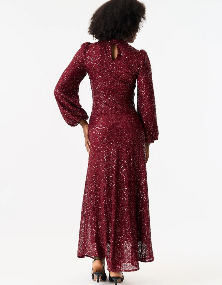 Burgundy Sequin High Neck Occasion Midi Dress