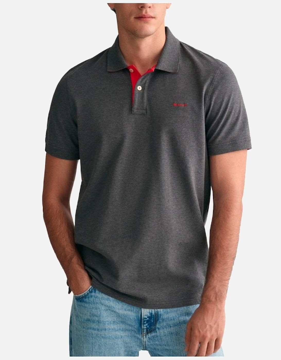 Gant Men's Grey Regular Contrast Piquet Short Sleeve Polo Antracit Melange - : 38/Regular M