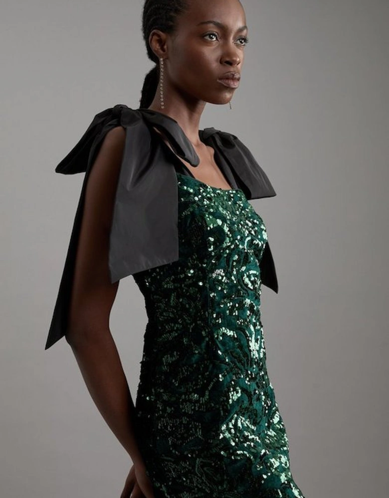 Tall Velvet Sequin Woven Mini Dress With Taffeta Bow Tie Detail