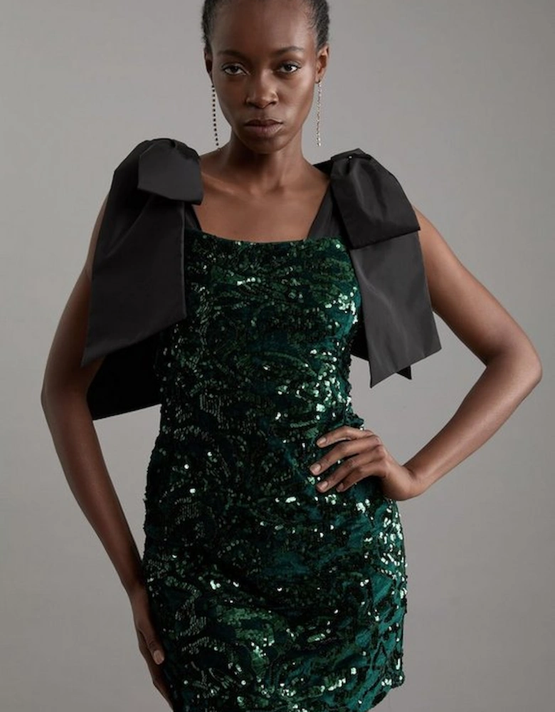 Tall Velvet Sequin Woven Mini Dress With Taffeta Bow Tie Detail