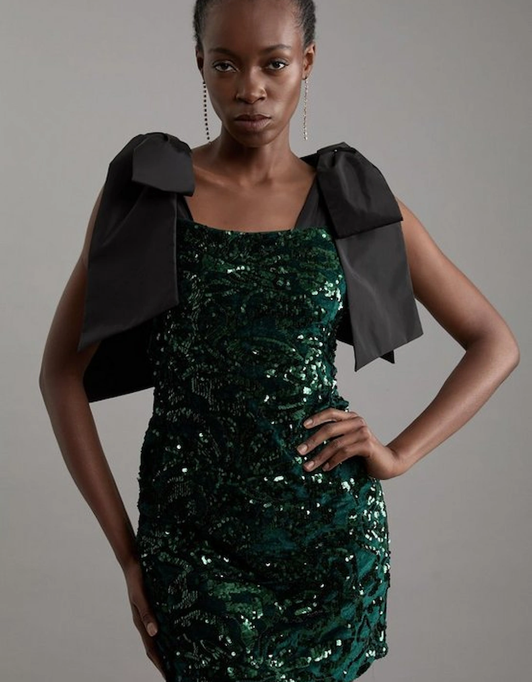 Tall Velvet Sequin Woven Mini Dress With Taffeta Bow Tie Detail, 4 of 3