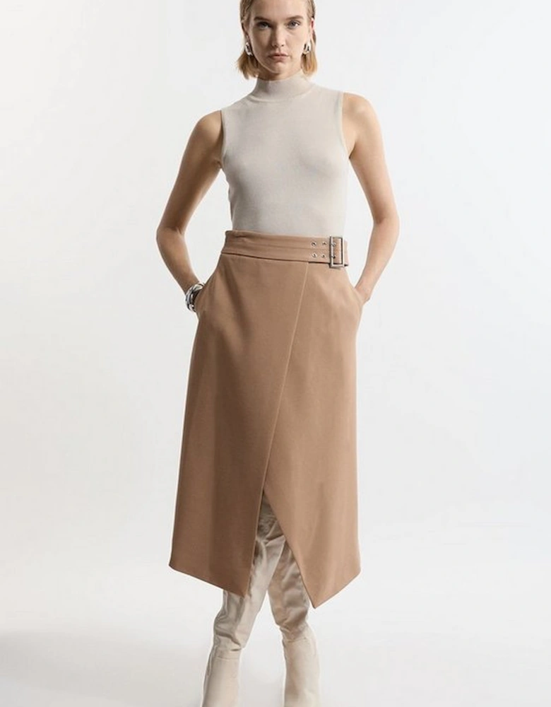 Compact Stretch Wrap Over Belted Tailored Maxi Skirt