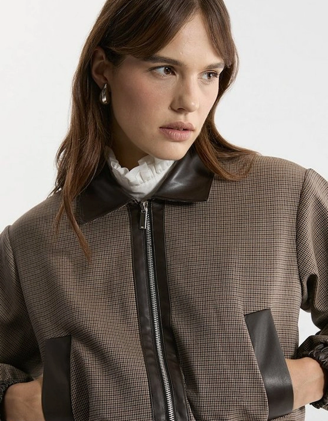 Check and Faux Leather Tailored Bomber Jacket