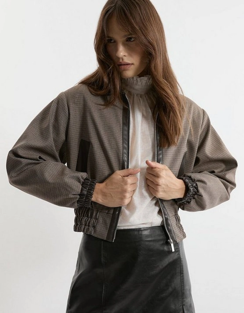 Check and Faux Leather Tailored Bomber Jacket