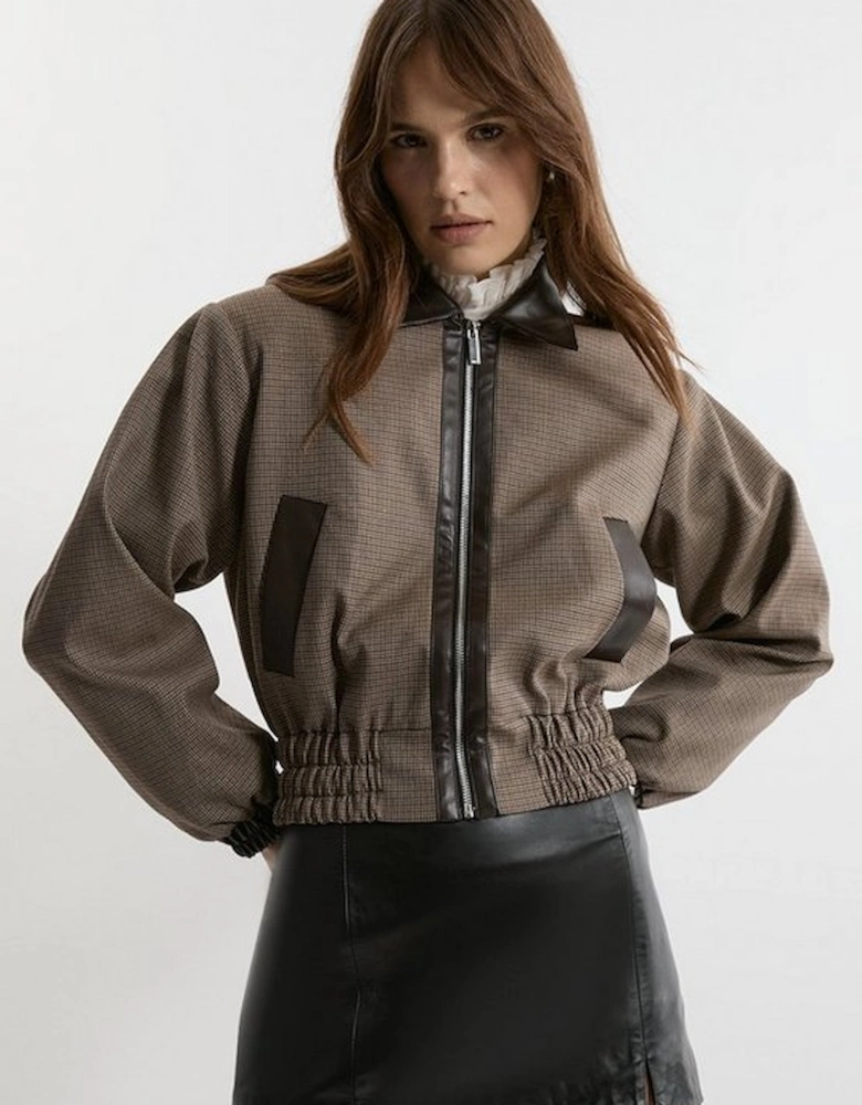 Check and Faux Leather Tailored Bomber Jacket