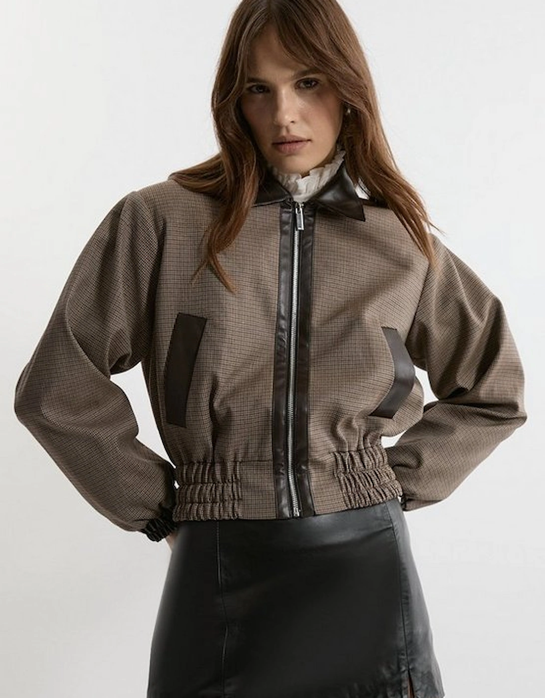 Check and Faux Leather Tailored Bomber Jacket