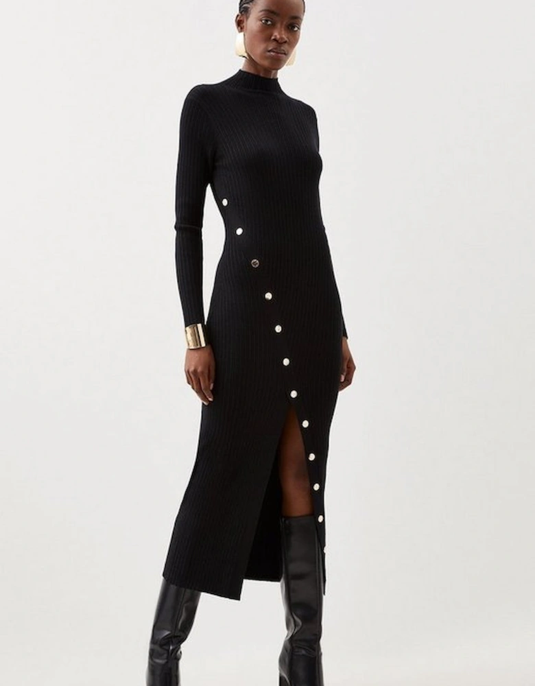 Viscose Blend Popper Detail Split Knit Midi Dress