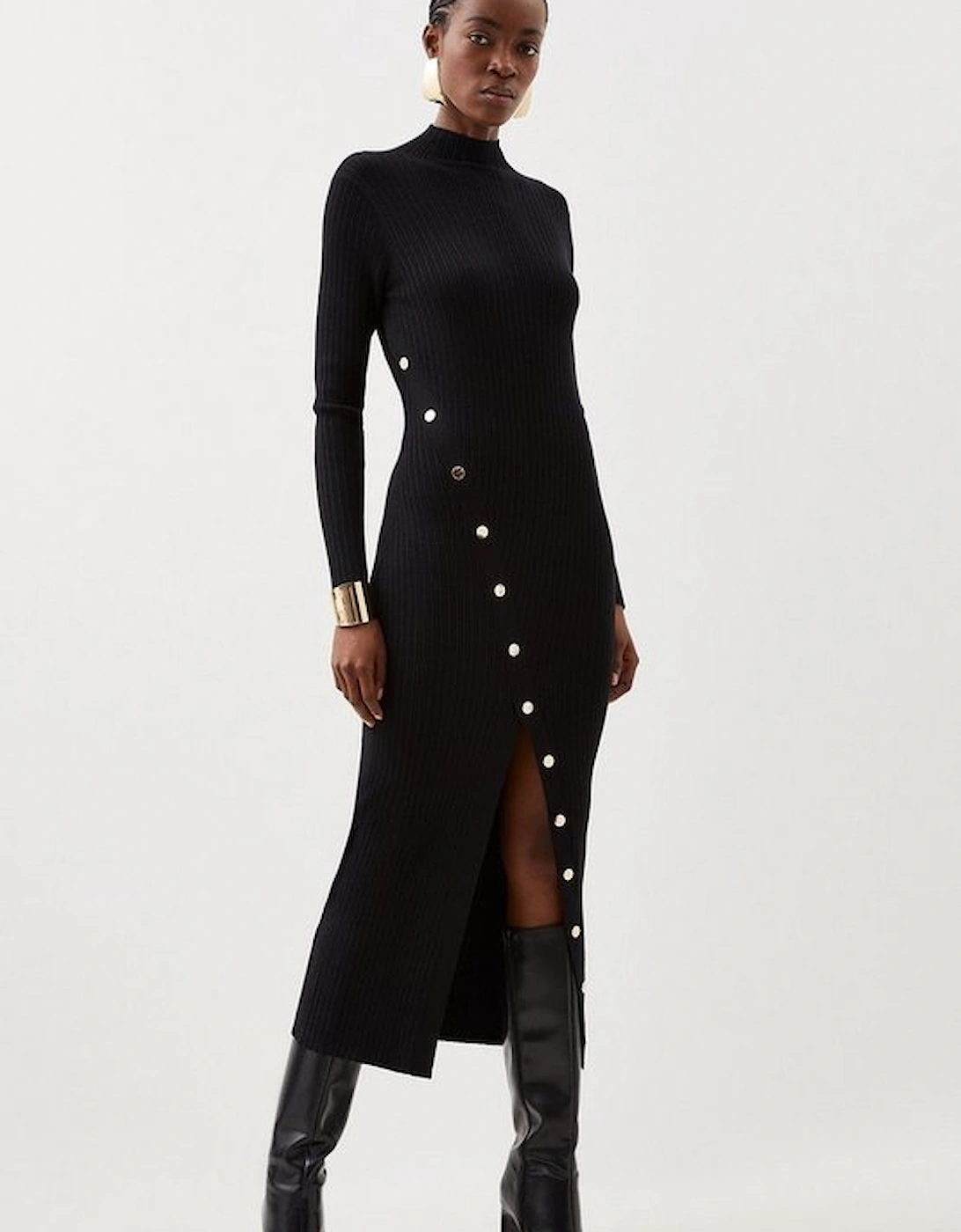 Viscose Blend Popper Detail Split Knit Midi Dress, 4 of 3