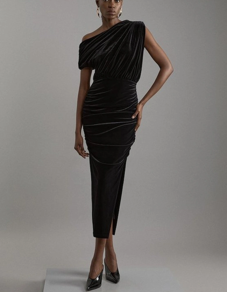 One Shoulder Jersey Draped Midi Dress