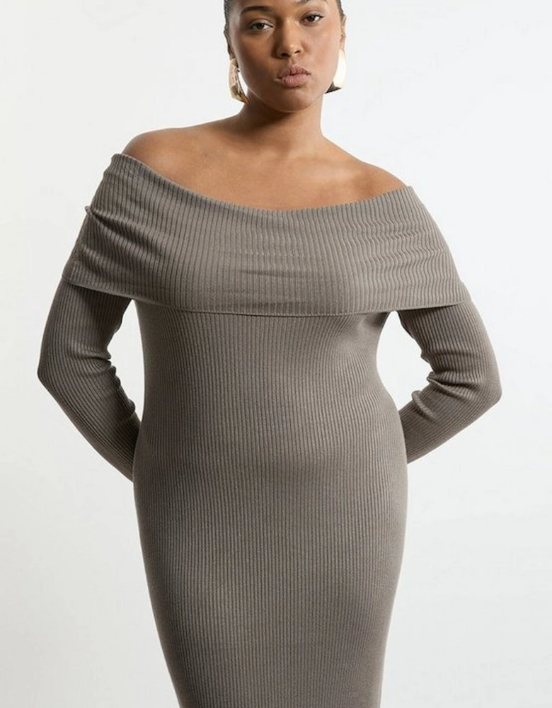 Plus Size Viscose Blend Rib Detail Bardot Knit Midi Dress