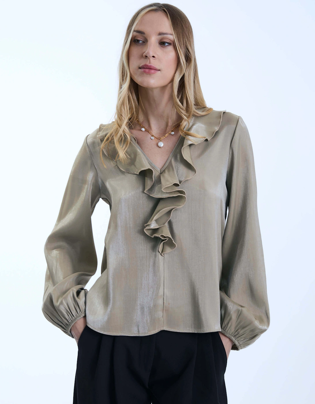 Sand Ruffled V-neck Blouse