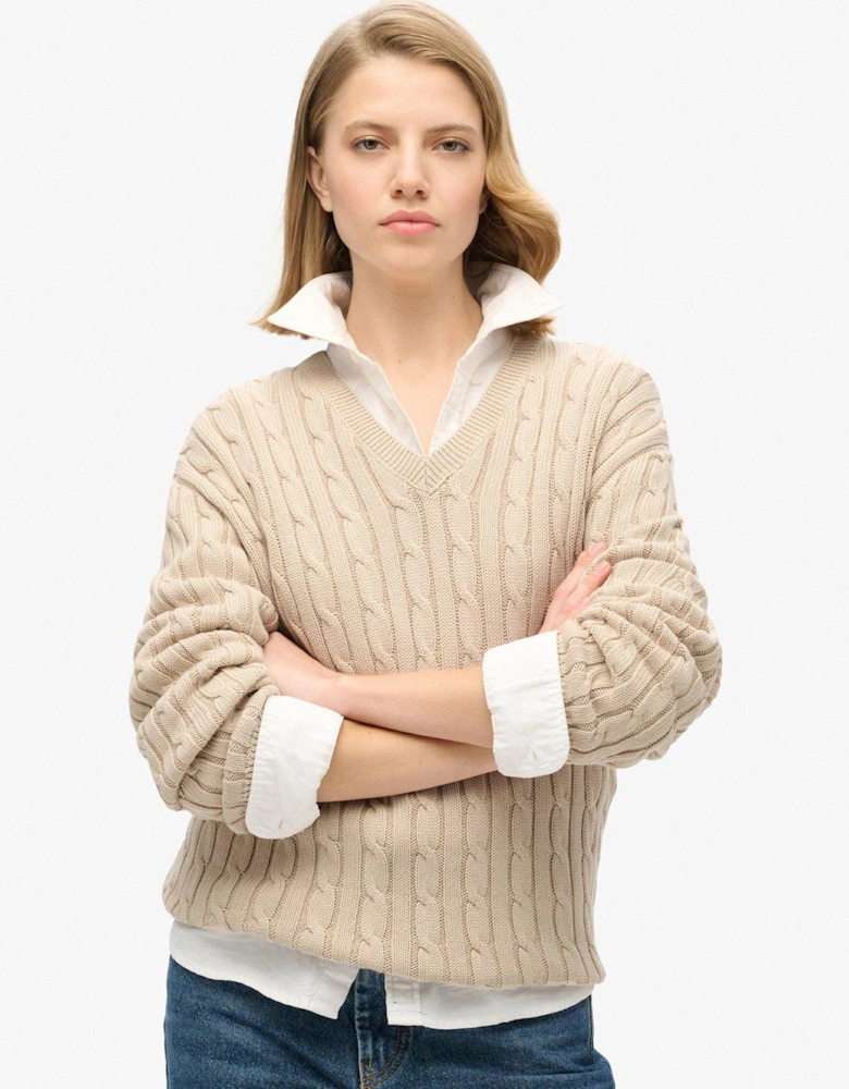 Oversized V Neck Cable Jumper - Beige