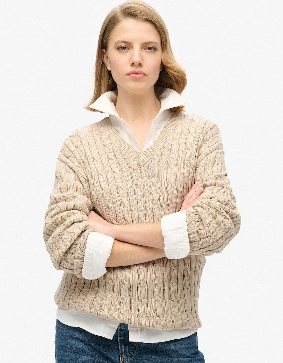 Oversized V Neck Cable Jumper - Beige, 2 of 1