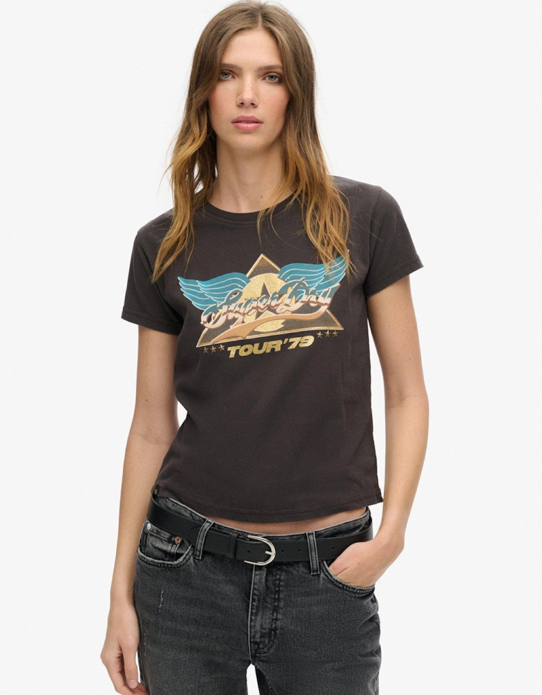 70S Rock Band Cap Sleeve T-Shirt - Black