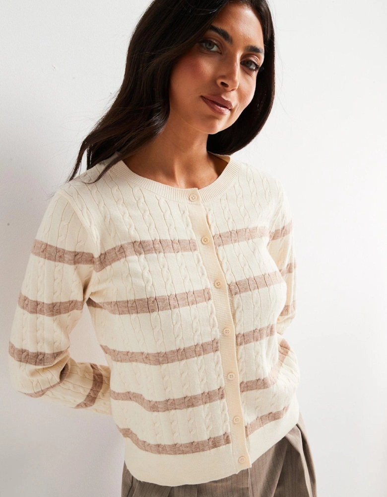 Crew Neck Cable Knit Stripe Cardigan - Beige/Ivory