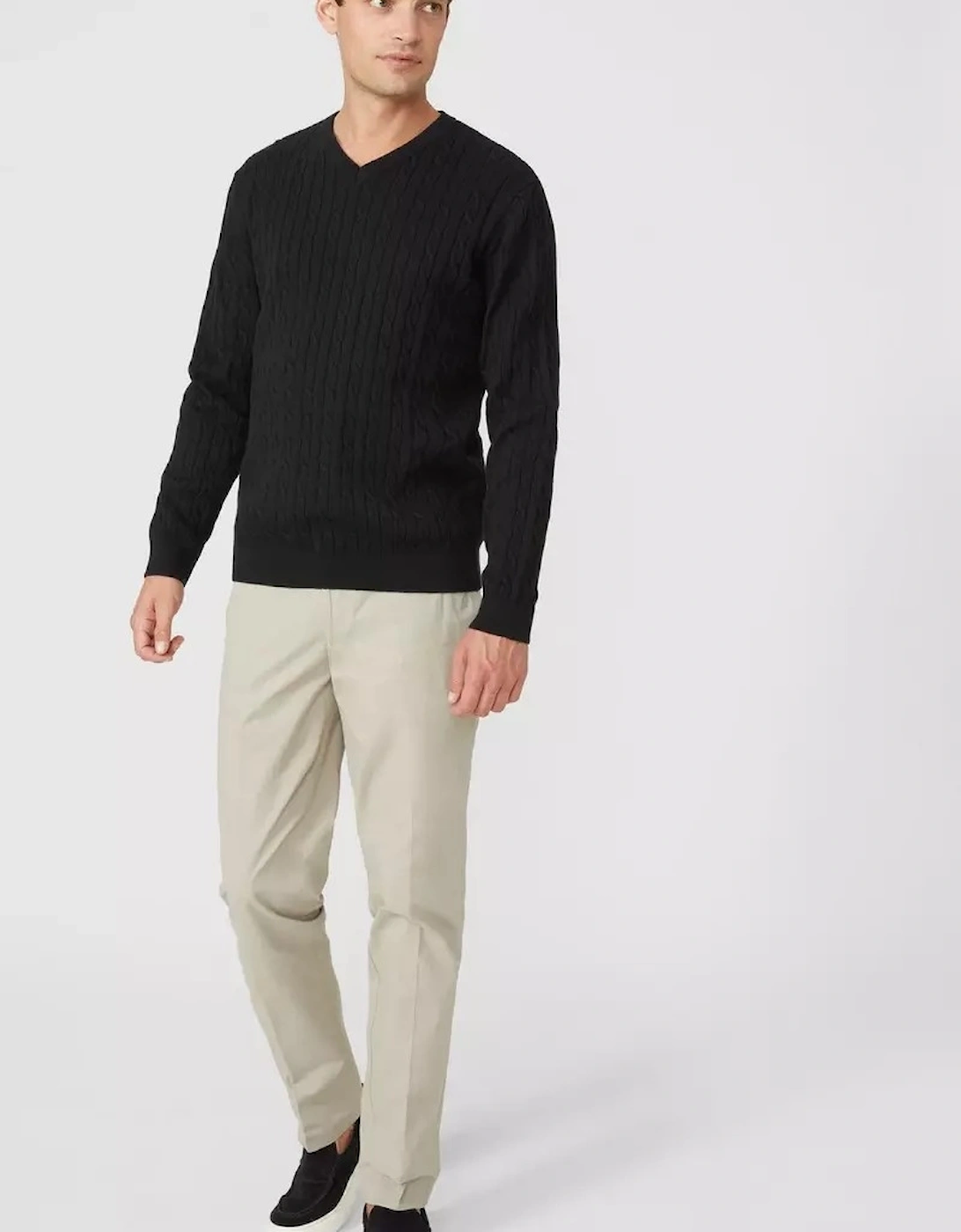 Mens Premium Cable Cotton V Neck Jumper