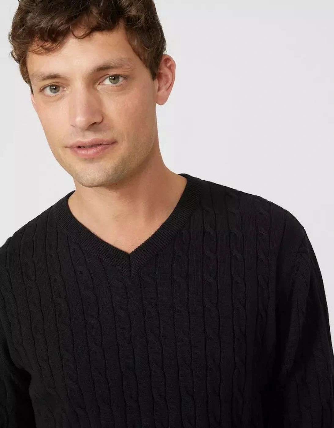 Mens Premium Cable Cotton V Neck Jumper