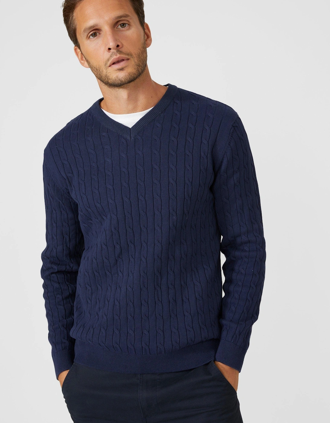 Mens Premium Cable Cotton V Neck Jumper, 2 of 1