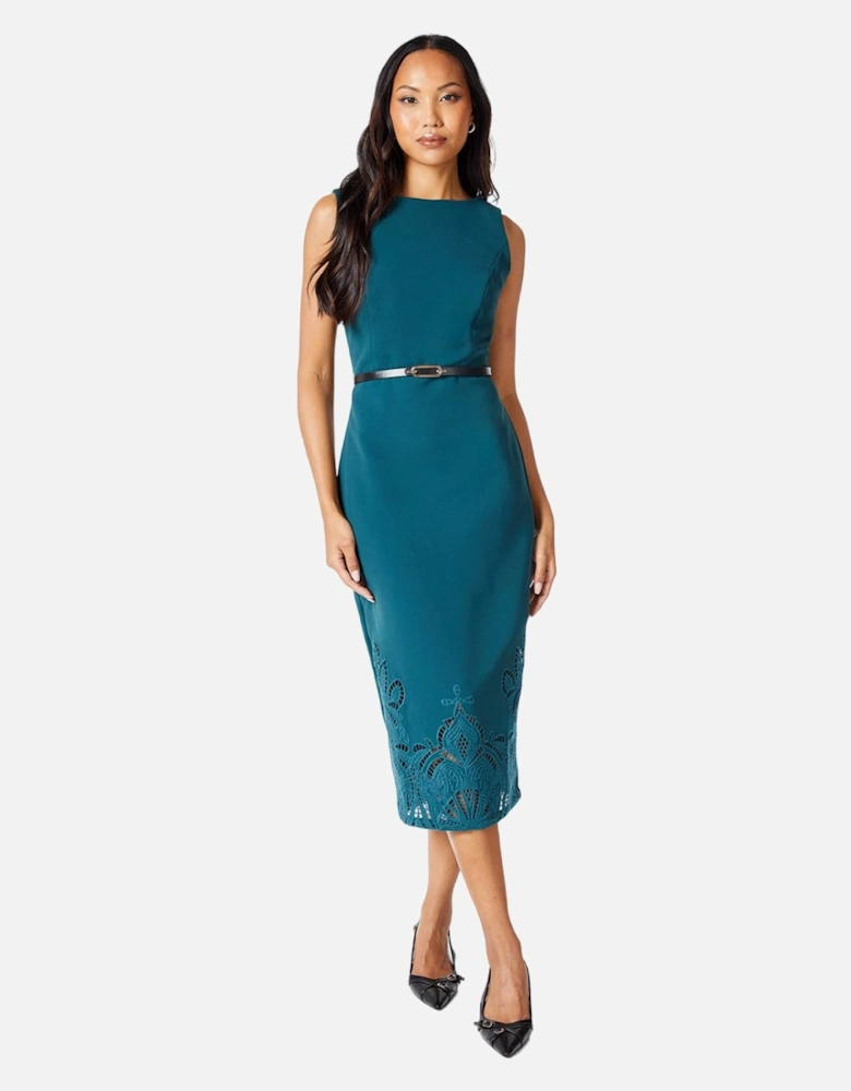 Womens/Ladies Laser Cut Ponte Belted Midi Dress