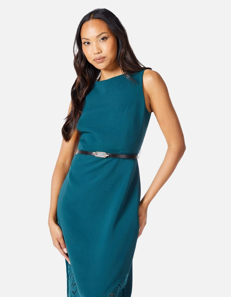 Womens/Ladies Laser Cut Ponte Belted Midi Dress