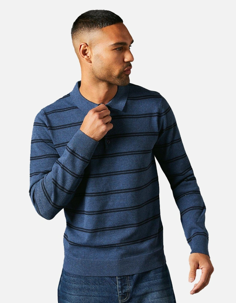 Mens Stripe Knitted Long-Sleeved Polo Shirt