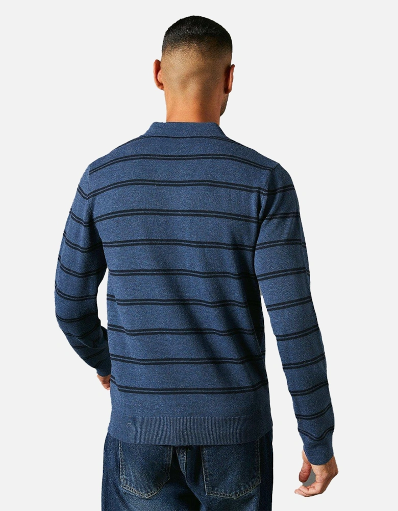 Mens Stripe Knitted Long-Sleeved Polo Shirt