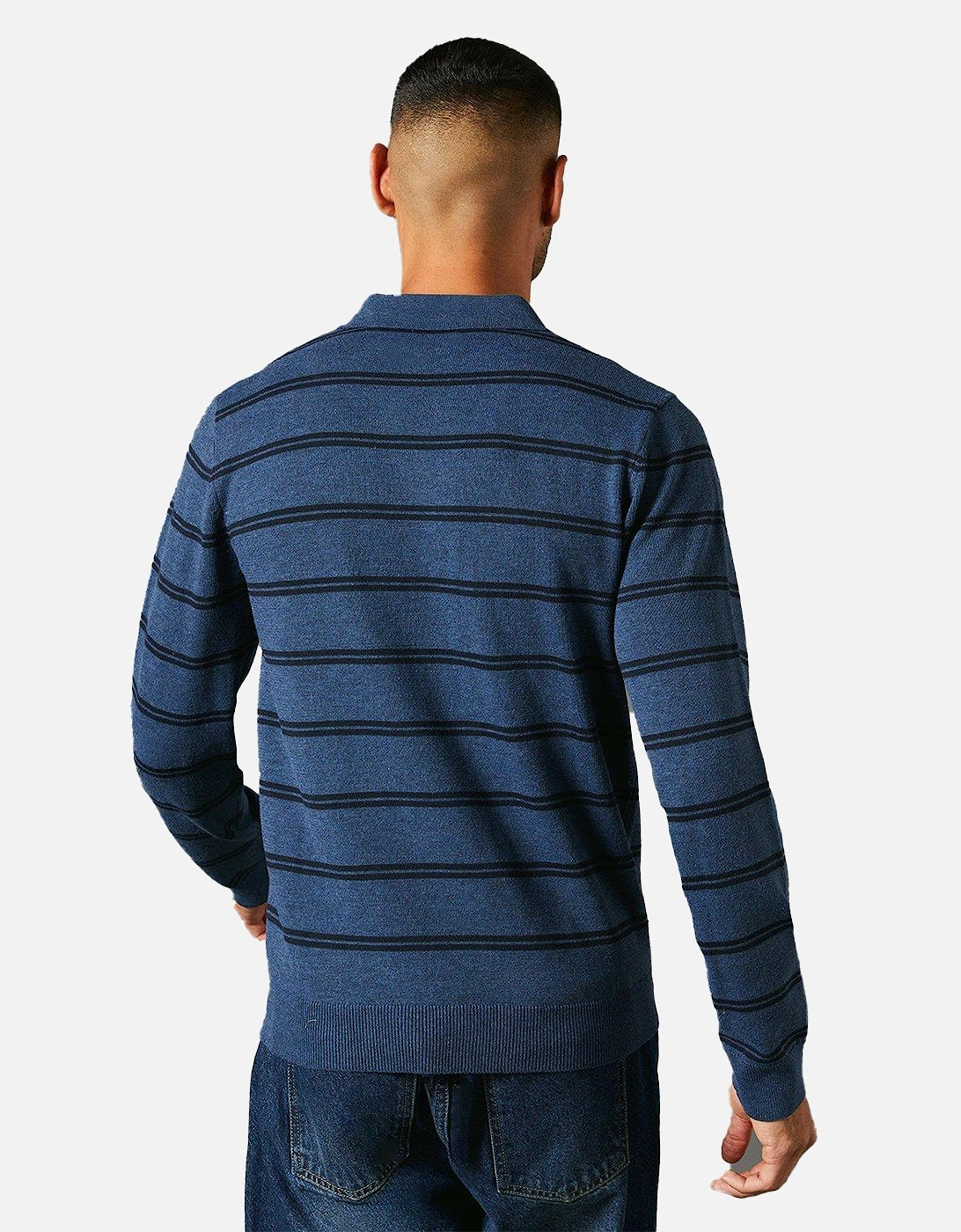 Mens Stripe Knitted Long-Sleeved Polo Shirt