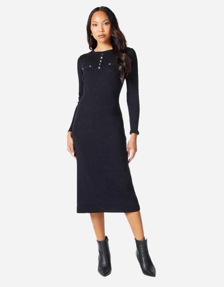 Womens/Ladies Knitted Ribbed Button Detail Midi Dress