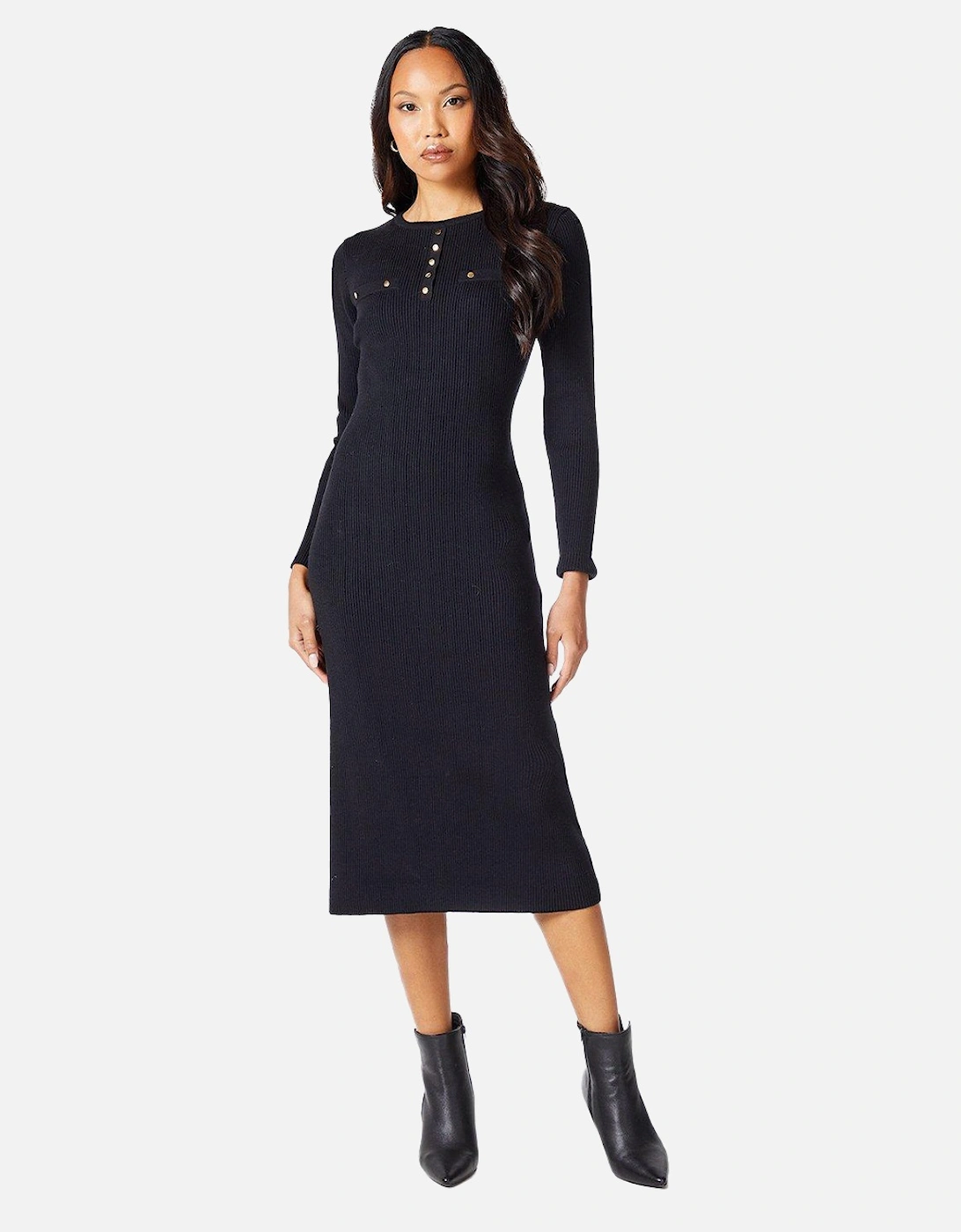 Womens/Ladies Knitted Ribbed Button Detail Midi Dress, 6 of 5