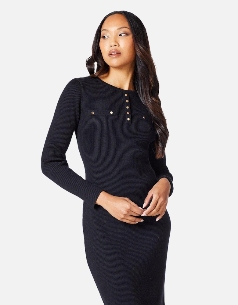 Womens/Ladies Knitted Ribbed Button Detail Midi Dress