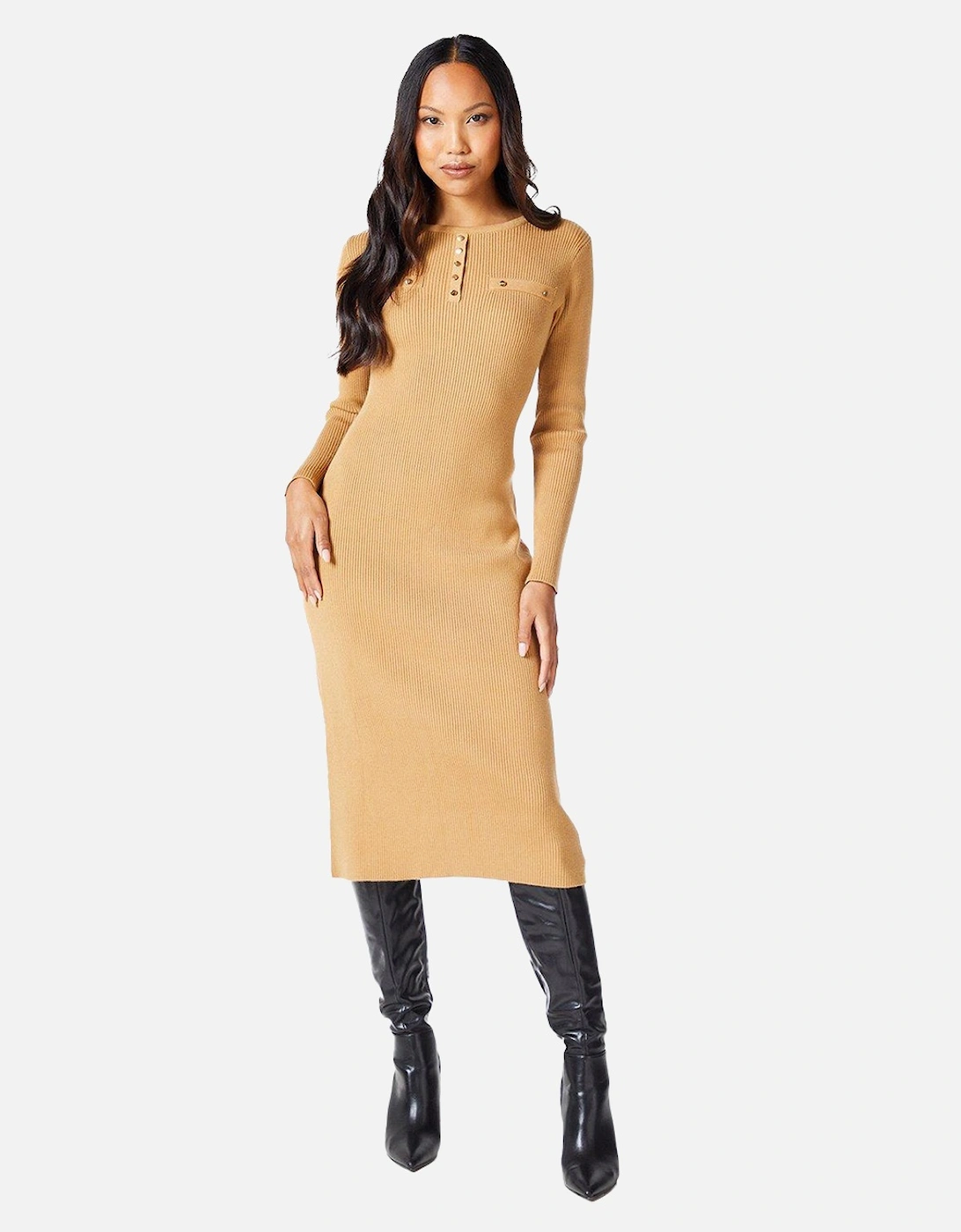 Womens/Ladies Knitted Ribbed Button Detail Midi Dress, 6 of 5