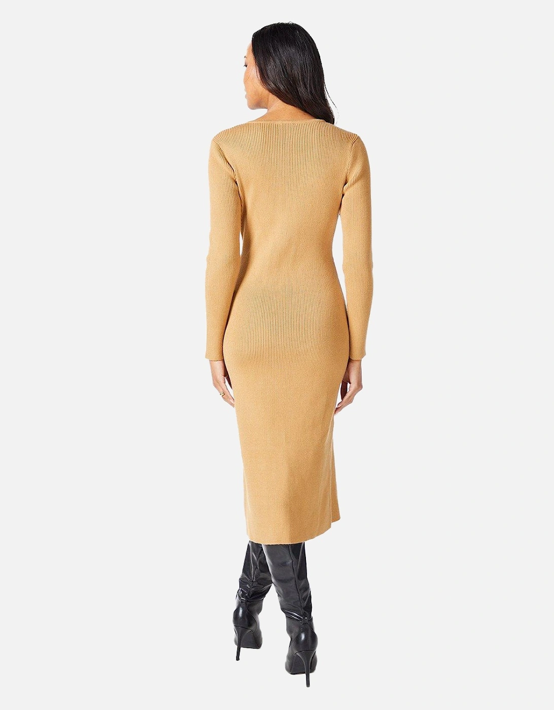 Womens/Ladies Knitted Ribbed Button Detail Midi Dress