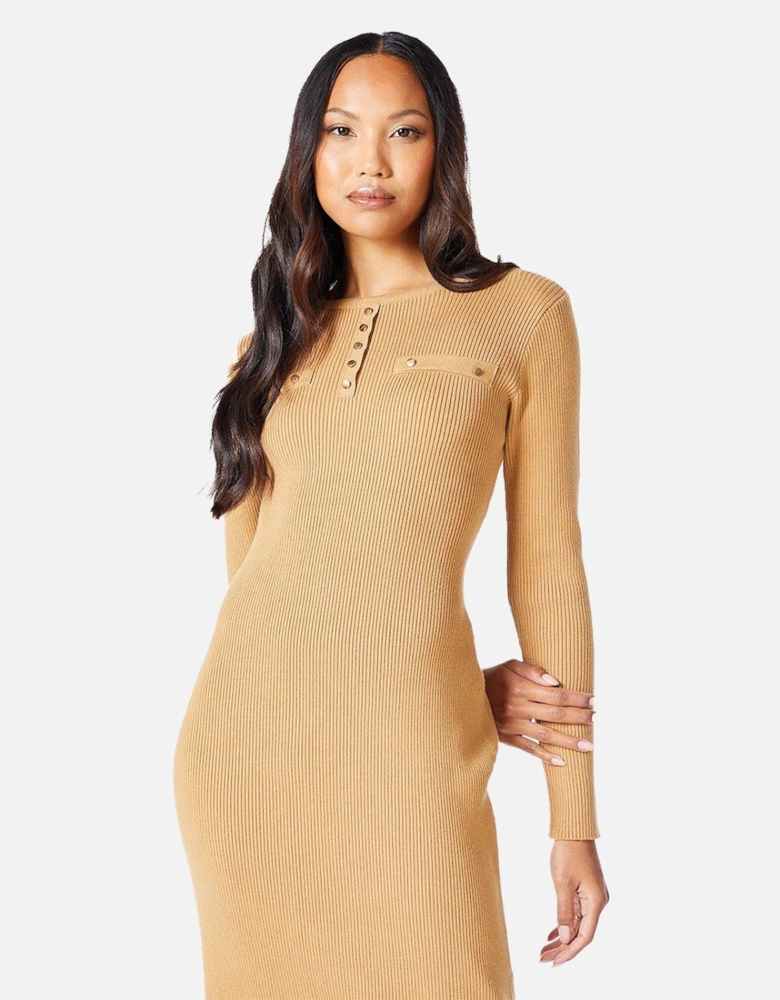 Womens/Ladies Knitted Ribbed Button Detail Midi Dress